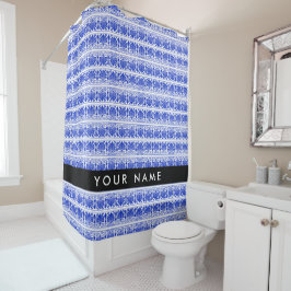 Cortina Para Box Grego Fret Arabesque Azul, Seu Nome, Personalize