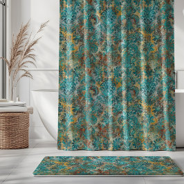 Cortina Para Box Grunge Damask Aqua Viridian Mustard Terracotta