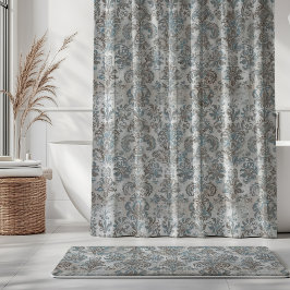 Cortina Para Box Grunge Damask Bege Céu Azul Creme Cinza