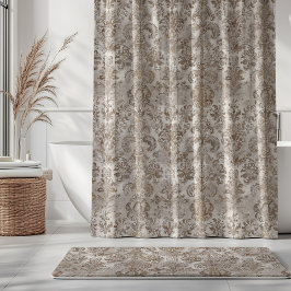Cortina Para Box Grunge Damask Bege Ferrugem Marrom Ócre Creme
