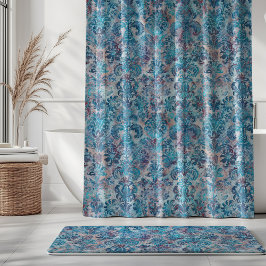 Cortina Para Box Grunge Damask Denim Blue Burgundy Peach Blush Pink