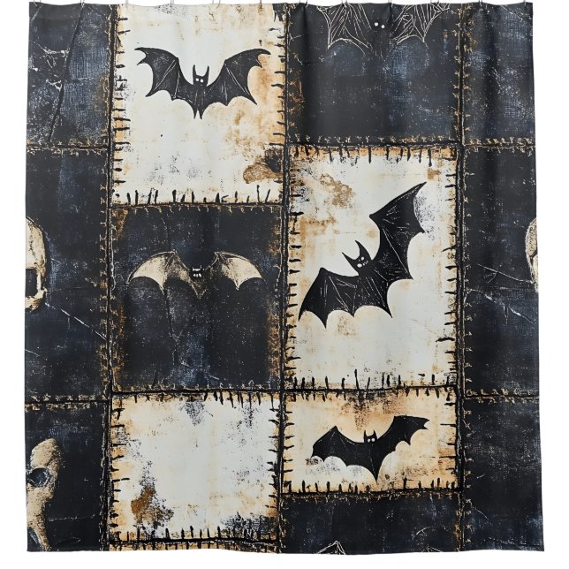 Cortina Para Box Grunge Gothic Bats & Skulls Denim Patterno (Frente)