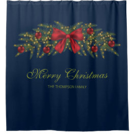 Cortina Para Box Guirlanda de Natal Com Um Laço Vermelho e Enfeites