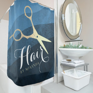 Cortina Para Box Hair Salon Hairstylist Tesoura Azul e Dourada Mode