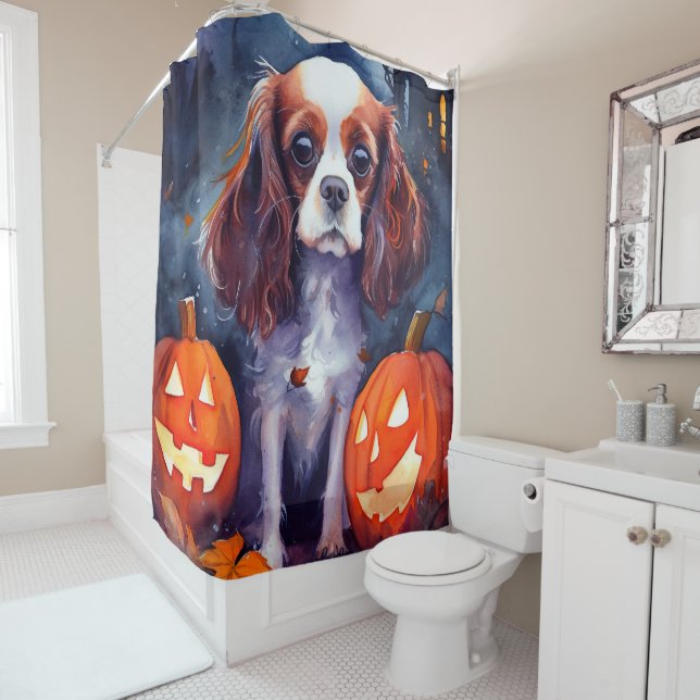 Cortina Para Box Halloween Cavalier King Charles Spaniel Pumpkins (In Situ)