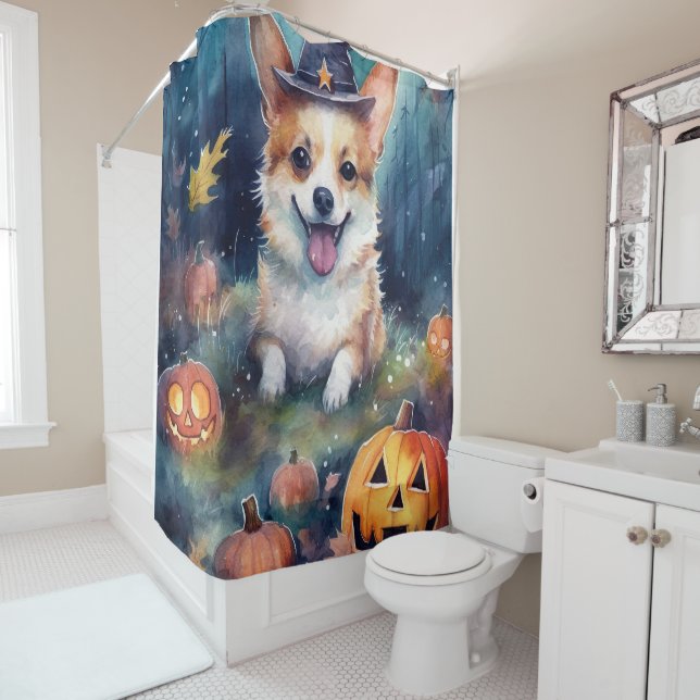 Cortina Para Box Halloween Corgi Com Pumpkins Assustado (In Situ)