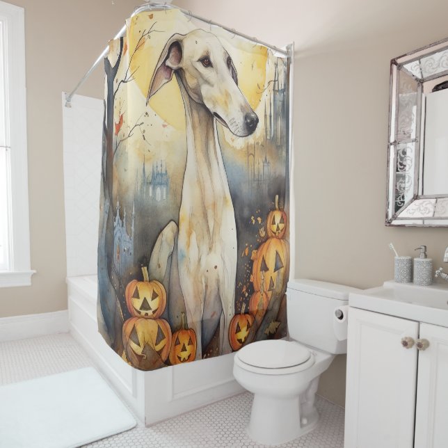 Cortina Para Box Halloween Greyhound Com Pumpkins Assustado (In Situ)