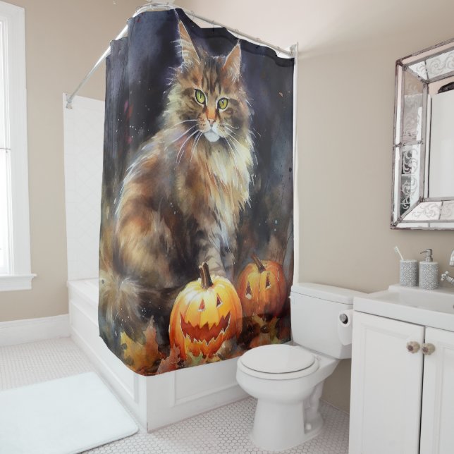 Cortina Para Box Halloween Maine Coon Cat Com Pumpkins Assustado (In Situ)
