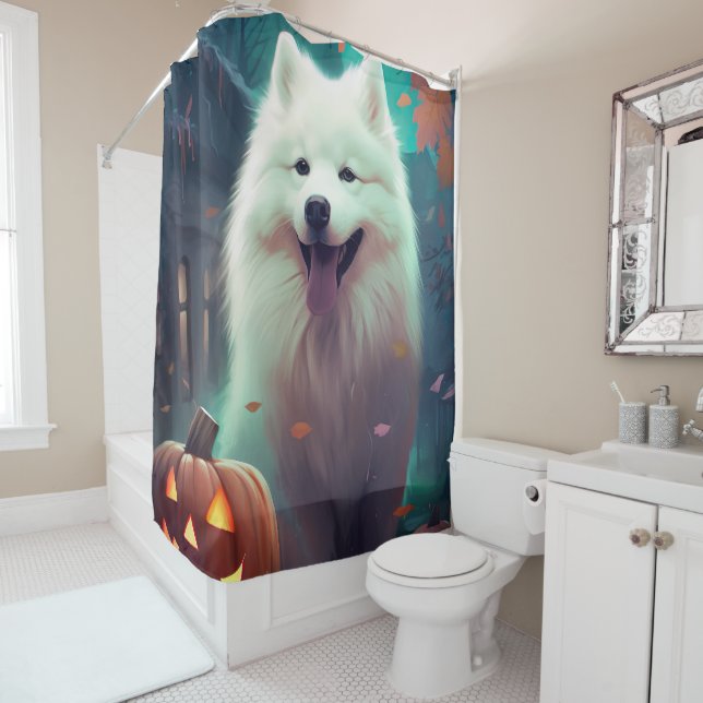 Cortina Para Box Halloween Samoyed Com Pumpkins Assustado (In Situ)