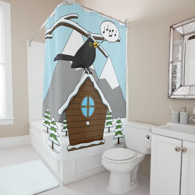 Cortina Para Box Happy Blackbird Cantando na paisagem de inverno (In Situ)