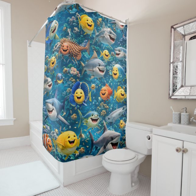 Cortina Para Box happy smiling under sea creatures, shower curtain  (In Situ)