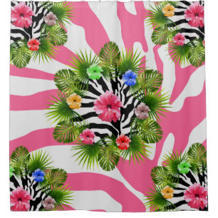 Cortina Para Box Hibisco tropical e listras exóticas de zebra rosa