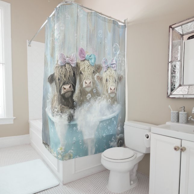 Cortina Para Box Highland Calves Blue Bubble Bath Distante Muro (In Situ)