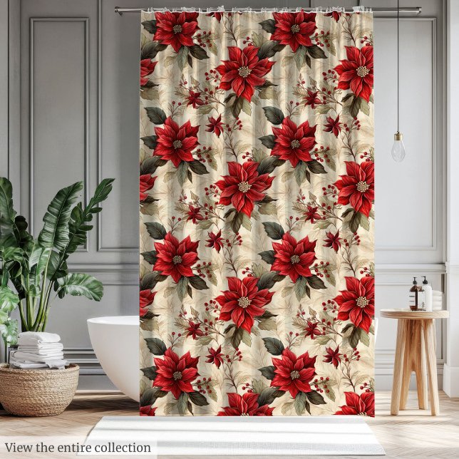 Cortina Para Box Holiday Shower Curtain with Classic Xmas Flowers (Holiday Shower Curtain with Classic Xmas Flowers)