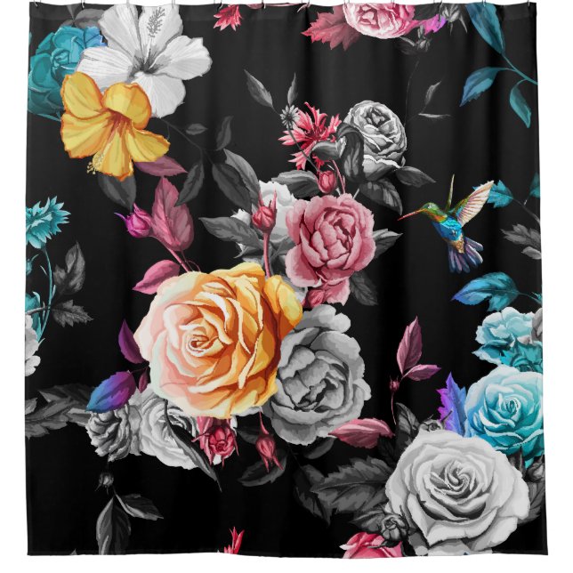 Cortina Para Box Hummingbird, rosas: fundo negro de aquarela (Frente)