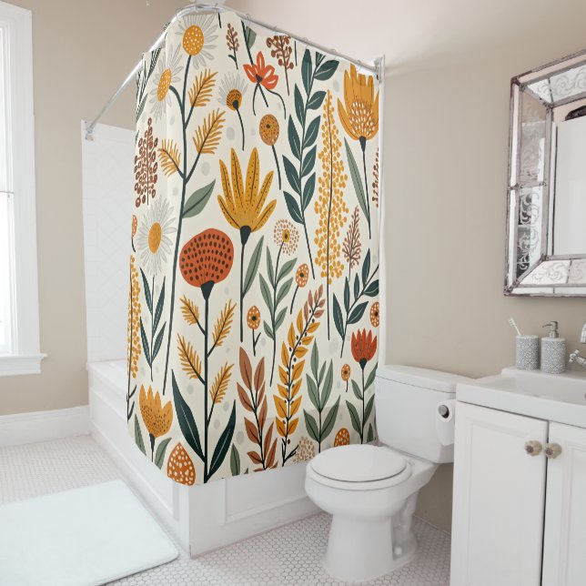 Cortina Para Box Ilustração Botânica Boho Flores Plantas Design 390 (In Situ)