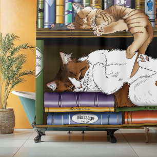 Cortina Para Box Ilustração de Estante de Livros de Gatos Adormecid