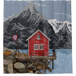 Cortina Para Box Ilustração paisagística de Rorbu Lofoten Bergen No