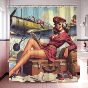 Cortina Para Box Ilustração Pin-Up do Avião Vintage