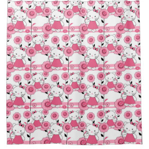 Cortina Para Box Impressão branco do rosa bonito do gato do gatinh
