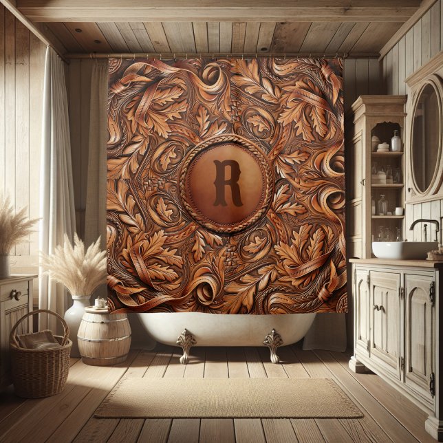 Cortina Para Box Impressão de Couro Arrefecido Ocidental Inicial (Western Tooled Leather Collection 
Custom Initial Shower Curtain)