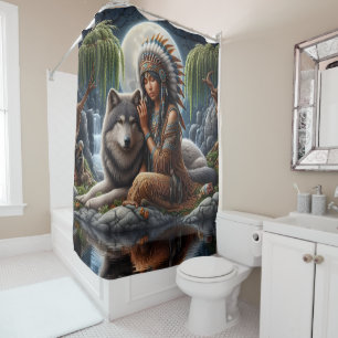 Cortina Para Box Indígena indígena e lobo compartilham lua