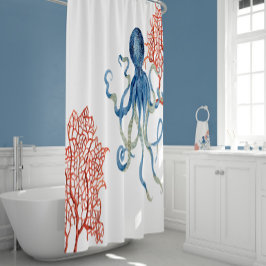 Cortina Para Box Indigo Ocean Red Fan Coral Blue Octopus Watercolor