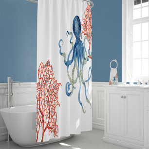 Cortina Para Box Indigo Ocean Red Fan Coral Blue Octopus Watercolor