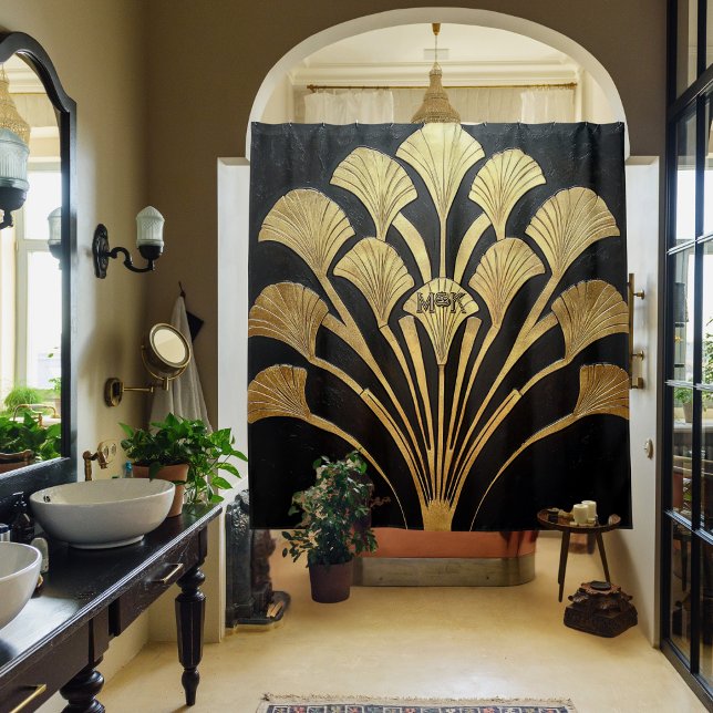 Cortina Para Box Iniciais de Monograma Dourado Preto Egípcio Art De (Elegant, black, gold, and aesthetically opulent personal initial & monogram Art Deco shower curtain)
