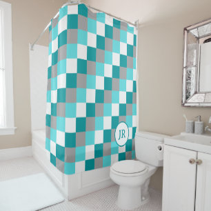 Cortina Para Box Iniciais Monogramados em Teal e Aqua Verificados