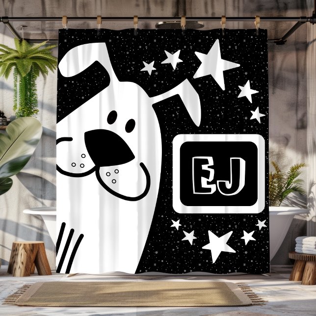Cortina Para Box Iniciais personalizados, preto e branco (Personalized Initials Black and White Dog Shower Curtain)