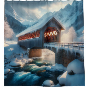 Cortina Para Box Inverno, ponte coberta por neve e rio