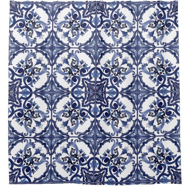 Cortina Para Box Italian Blue & White Sicilian Majolica Tiles (Frente)
