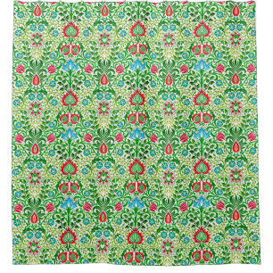 Cortina Para Box Jacobean Floral Damask, Green and Coral Red