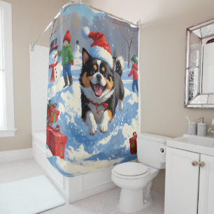 Cortina Para Box Japanese Chin Correndo na Neve com Chapéu de Natal