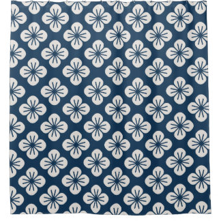 Cortina Para Box Japanese Navy Blue Ivory Floral Geometric Pattern