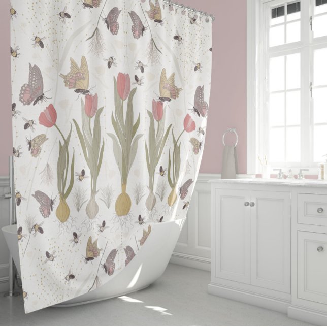 Cortina Para Box Jardim da Borboleta (Butterfly and Bumblebee Tulip Garden Shower Curtain From Jenn Steffen For Studio Posies.)