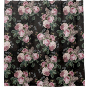 Cortina Para Box Jardim de Buquês de Rosas Rococo Preto Vintage