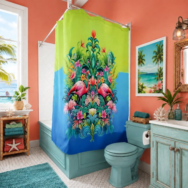 Cortina Para Box Jardim de Fantasia Tropical com Flamingos (pink flamingo tropical garden fantasy colorful beach house shower curtain bathroom decor)