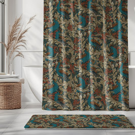 Cortina Para Box Jardim de Pavão em Azul Teal Ferrugem Mostarda Beg