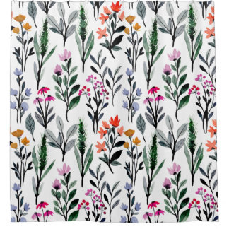 Cortina Para Box Jardim de Verão Flores Selvagens Cor-de-água verde