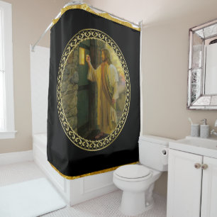 Cortina Para Box Jesus em sua porta na folha e no preto de ouro