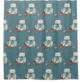 Cortina Para Box Kawaii White Cat Knitting Blue Yarn Accent Pattern