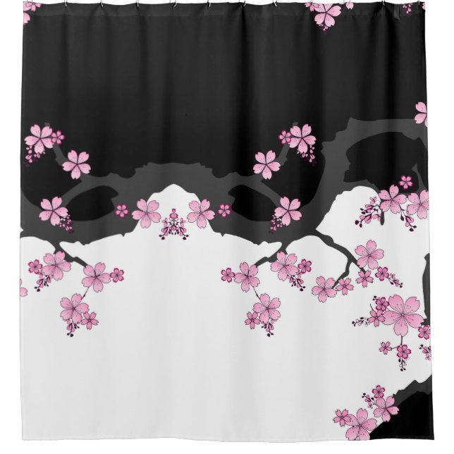 Cortina Para Box Kimono Black e White Pink Sakura (Frente)