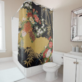 Cortina Para Box Kimono Floral Japonês Tradicional Preto e Dourado