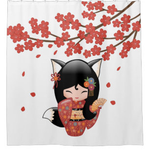 Cortina Para Box Kitsune Kokeshi Doll Black Fox Geisha Girl Red