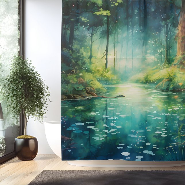 Cortina Para Box Lago da Floresta Encantada em Aquarela (Criador carregado)