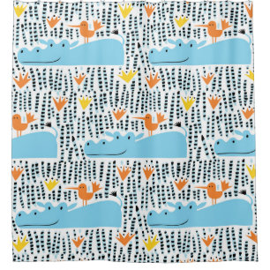 Cortina Para Box Lago Hippos Birds: Padrão Vintage.