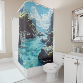 Cortina Para Box Lagoa Azul Islândia Ilustração Vintage Viagem