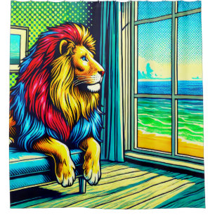 Cortina Para Box Leão Vista para o Oceano Pop Art Vibrante